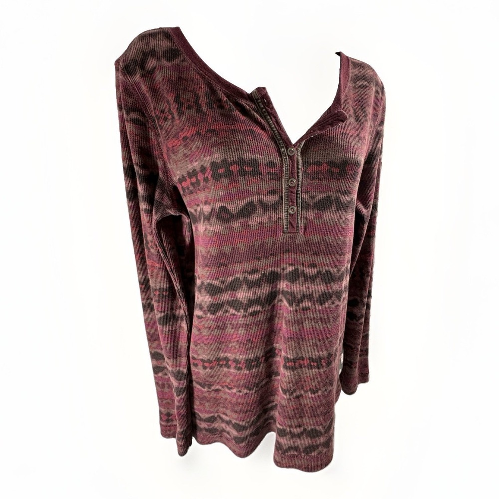 Eddie Bauer Fair Isle Waffle Knit Henley Thermal Shirt Large Burgundy Pink